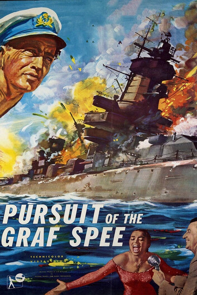 A vintage poster for Pursuit of Graf Spee (1956) DVD features a burning battleship, a stern captain, and a woman in red singing beside a smiling man. This rare World War II naval drama is now available on DVD.