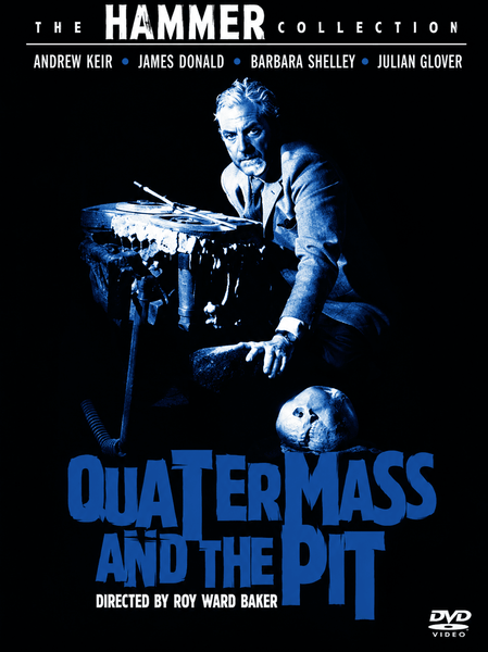 A man in a suit stands beside a drum and skull, illuminated by blue light. The text reads: Quatermass and the Pit DVD (1967), directed by Roy Ward Baker, with cast names listed above. This captivating cover is ideal for collectors of rare movies on DVD. The DVD Video logo appears at the bottom right.
