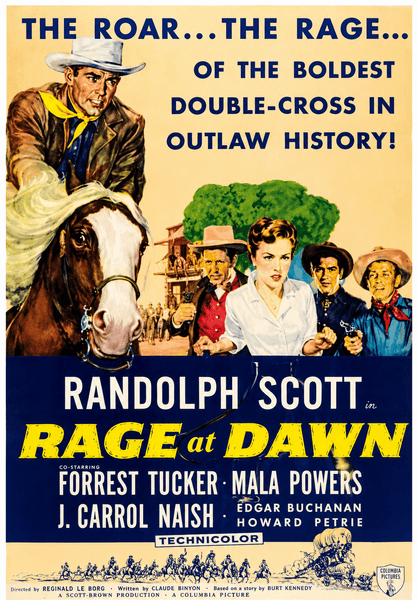 This vintage-style DVD cover for Rage at Dawn (1955) showcases a striking image of a cowboy on horseback alongside several men in classic Western attire. Large, bold text announces RANDOLPH SCOTT in RAGE AT DAWN, with other cast names and promotional phrases displayed above and below. With its colorful, eye-catching design inspired by classic movie posters, this DVD is perfect for fans of Randolph Scott Westerns or collectors looking to add the Rage at Dawn (1955) DVD to their collection.