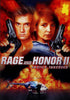 Two people holding guns stand back to back with intense expressions as explosions and fire erupt behind them. The text "Rage and Honor II: Hostile Takeover" is displayed, with a helicopter and even more fire at the bottom—an electrifying image that makes this Rage and Honor II (1993) DVD an ideal find for fans searching for rare movies on DVD or collectors seeking a classic Cynthia Rothrock film.
