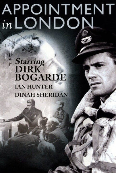 Black-and-white movie poster for Raiders in the Sky (1953) DVD—classic WWII drama with a uniformed pilot, men in discussion, ghostly planes and faces. Stars Dirk Bogarde, Ian Hunter, and Dinah Sheridan.