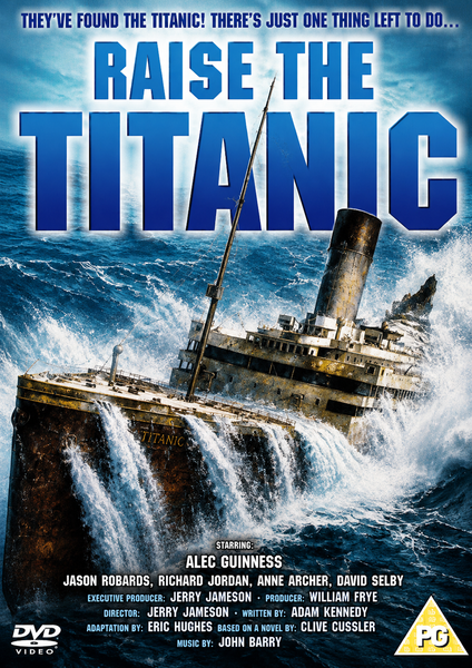 A dramatic movie poster for Raise The Titanic DVD (1980) features the iconic ship emerging from the ocean with water streaming off its deck, while bold blue text reading “Raise The Titanic” is displayed above, highlighting the thrilling adventure of this classic film. Cast and credits are shown at the bottom.
