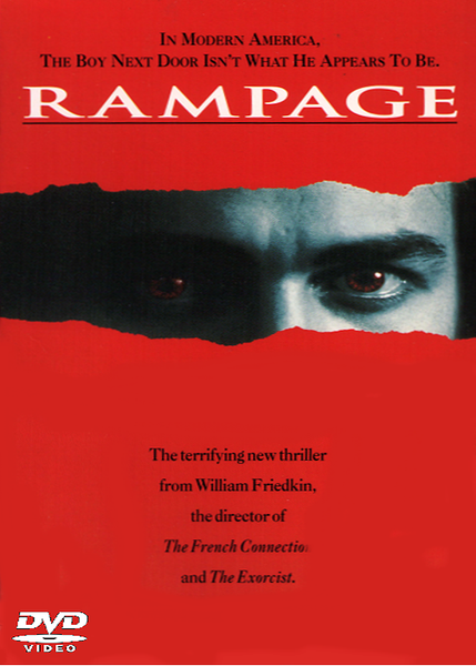 A red-tinted movie cover for Rampage DVD (1987) shows intense eyes peering through torn paper, capturing the chilling essence of a serial killer film. Text highlights this thriller by director William Friedkin, known for The French Connection and The Exorcist.