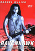 A muscular woman in a vest grips a shotgun against a red-tinted desert backdrop, with the title "Raven Hawk DVD (1996)" and lead actress Rachel McLish showcased on the cover—an exciting find for collectors of rare movies on DVD.