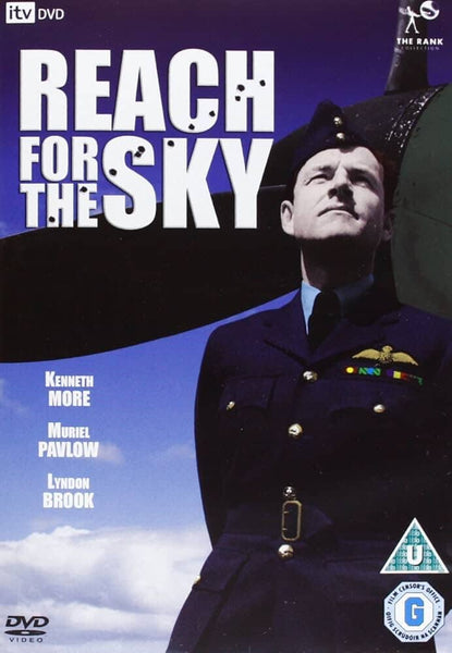 DVD cover for Reach for the Sky (1956), featuring a confident man in a blue Royal Air Force uniform before a large aircraft, with film credits on the left side and an inspirational blue sky above.
