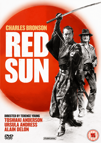 The Red Sun DVD (1971) cover features Toshiro Mifune as a samurai with a sword in the foreground and Charles Bronson’s cowboy character standing behind him. A bold red sun fills the background, while the film title and actors’ names are prominently displayed, capturing the essence of this classic Samurai western.