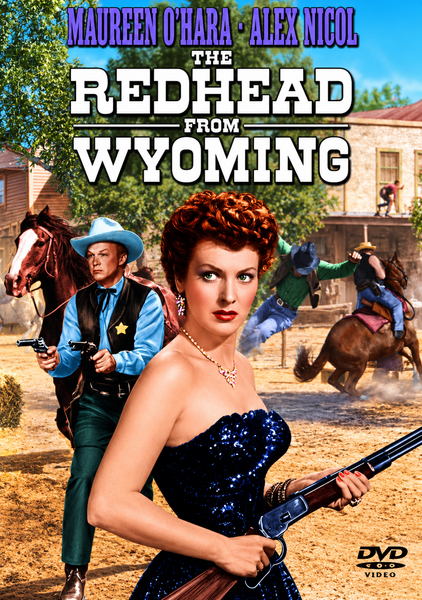 A woman in a blue dress holds a rifle in the foreground while a sheriff and two men battle on horseback in a Western town. Starring Maureen O’Hara, this dynamic scene represents the excitement of The Redhead from Wyoming (1953) DVD—a must-have for classic movie collectors and enthusiasts. Text reads: The Redhead from Wyoming.