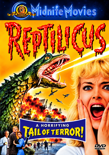 A giant green reptile attacks a city, unleashing destruction in this classic monster movie. A terrified woman screams in the foreground. The title “Reptilicus” appears in bloody red letters above. Text reads: “A horrifying tail of terror!” Perfect for fans searching for the rare Reptilicus DVD (1962).