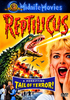 A giant green reptile attacks a city, unleashing destruction in this classic monster movie. A terrified woman screams in the foreground. The title “Reptilicus” appears in bloody red letters above. Text reads: “A horrifying tail of terror!” Perfect for fans searching for the rare Reptilicus DVD (1962).