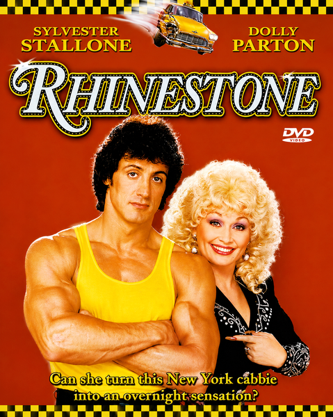 DVD cover for Rhinestone DVD (1984) featuring a man in a yellow tank top and a woman with curly blonde hair dressed in black, both smiling. The background has a red color with yellow checker trim, and their names are displayed in text. This classic 1980s comedy stars Dolly Parton in one of her most iconic film performances.