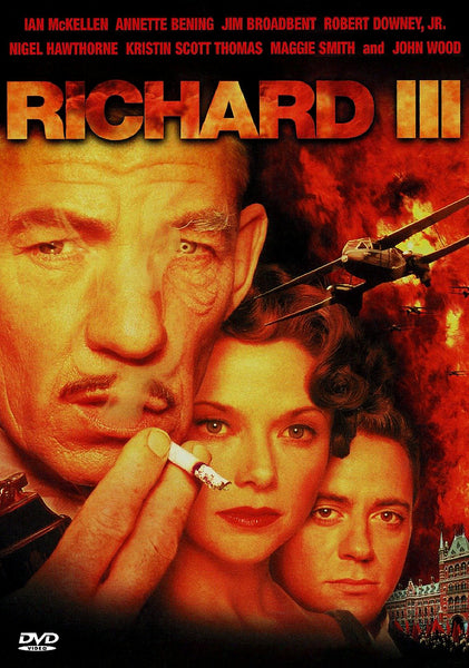 DVD cover art for the 1995 film Richard III, featuring portraits of Ian McKellen and two other actors against a background of fire, smoke, and an airplane.