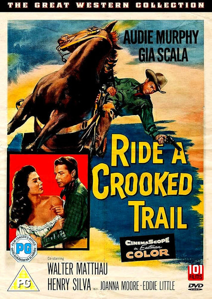 The Ride A Crooked Trail (1958) DVD features a vintage movie poster with a man on horseback leaping over the title and a close-up of a couple—ideal for Audie Murphy Western fans and classic film collectors.