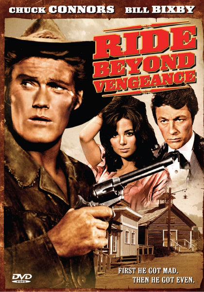 Ride Beyond Vengeance (1966) DVD cover featuring three characters—one gripping a gun—set against the backdrop of a Western town. The design showcases the actors’ names and the tagline: "First he got mad. Then he got even." A captivating piece for collectors of rare movies on DVD, this Western masterfully embodies themes of revenge and justice.