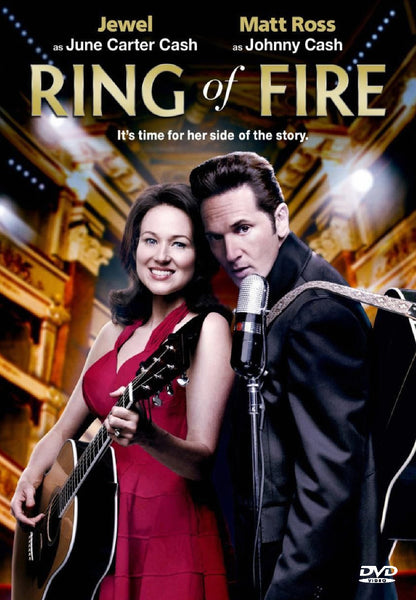 The Ring of Fire DVD cover showcases a woman in a red dress and a man in black with guitars at a mic, set against theater lights—perfect for fans of rare classic movies and Johnny Cash biographical dramas.