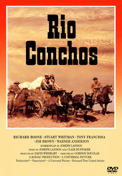 Movie poster for Rio Conchos DVD (1964) featuring four cowboys on horseback against a desert backdrop, bold black title lettering, cast and crew credits below, and a DVD Video logo in the bottom right corner—an ideal choice for classic western movie enthusiasts and collectors of rare films on DVD.