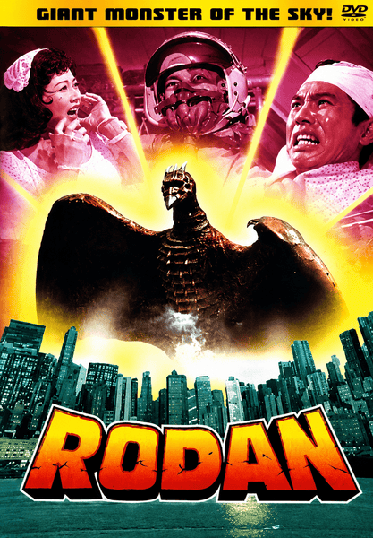 The DVD cover for Rodan DVD (1956) features a giant flying monster soaring above a city skyline, with three terrified people depicted above and the bold yellow-red title text. The tagline states, “GIANT MONSTER OF THE SKY!”—a striking homage to this rare classic Toho pterodactyl film, making it a must-have for any Dai Kaiju DVD collection.