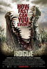 A DVD cover for Rogue (2007) features a giant crocodile’s open jaws rising from water, with “HOW FAST CAN YOU SWIM?” above and the title at the bottom, along with production credits and “COMING SOON” highlighted.
