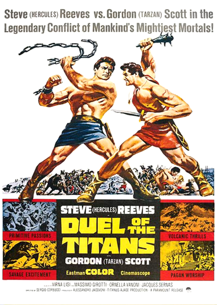 Two muscular men, dressed as ancient warriors, clash with clubs above turbulent scenes of battle and chaos. Boldly emblazoned text announces: Romulus and Remus aka Duel of the Titans DVD (1961). Inspired by the classic sword-and-sandal film starring Steve Reeves, the poster bursts with vivid colors and dynamic illustrations that capture the action-packed spirit of this cinematic epic.