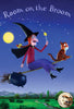 An animated witch, accompanied by her cat, dog, green bird, and frog, soars through the night sky on a broomstick beneath a full moon in Room on the Broom (2012) DVD. With a star-tipped wand in hand and a cauldron dangling from her broom, this whimsical Halloween film is perfect for fans of classic movies on DVD or anyone seeking an enchanting animated movie to enjoy.