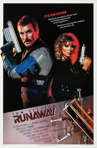 Movie poster for Runaway (1984) DVD starring Tom Selleck and a blonde woman with futuristic guns. The sci-fi action cover features robotic arms, dramatic lighting, bold red/white text, and the tagline "It is the future.