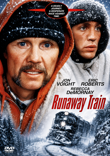 Two men in winter gear stand amidst swirling snow, their expressions resolute. Below, a speeding train hurtles through a wintry landscape. Text displays the actors’ names and the title: Runaway Train DVD (1985)—a gripping adventure now available as a rare find for classic film collectors.