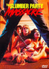 The Slumber Party Massacre (1982) DVD features cover art of three scared women in lingerie on the floor, gazing up at a menacing figure holding a large drill, with the bold red and yellow title above.