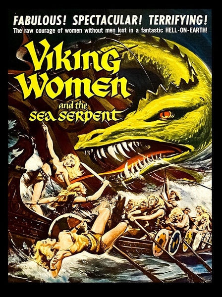 DVD cover for Saga of the Viking Women (1957), showing Viking women bravely fighting a giant green sea serpent from their ship. Dramatic text and vivid action scenes highlight this legendary classic adventure.