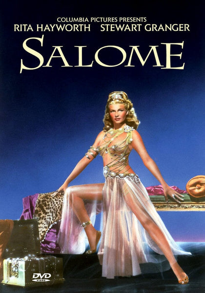 A woman in an ornate, sheer costume poses dramatically on a stage with a bench and leopard-print fabric beneath the title Salome, featuring actor names like Rita Hayworth above her—an ideal addition for collectors searching for rare movies like the Salome DVD.