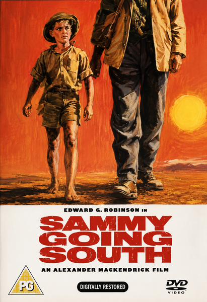 A vibrant movie poster for “Sammy Going South DVD (1963)” depicts a boy and a man walking across reddish sand at sunset. The text highlights: Edward G. Robinson, An Alexander Mackendrick Film, Digitally Restored, classic movies on DVD. This rare film is ideal for collectors looking for hard-to-find classics.