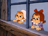Two animated rag dolls—Raggedy Ann, wearing a white bonnet, and Raggedy Andy, sporting a red bow—gaze out from a wooden window with forlorn expressions, their hands resting on the ledge. Against a backdrop of simple blue sky, this scene evokes the beloved characters as seen in *Raggedy Ann and Andy in The Great Santa Claus Caper DVD (1978)*.