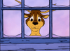 Animated reindeer with antlers gazes sadly through a snowy window against a pink and purple sky, evoking the heartwarming scenes found in Raggedy Ann and Andy in The Great Santa Claus Caper DVD (1978).