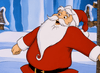 Animated Santa Claus in a red suit with a white beard and hat stands outdoors amid snow, ice, and brick walls, evoking the nostalgic charm of classic holiday specials like the “Raggedy Ann and Andy in The Great Santa Claus Caper DVD (1978).”.