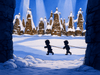 Two silhouetted children pull a sled across snow toward snow-covered, cone-shaped buildings, sunlight streaming down and framed by dark stone walls in the foreground—a scene reminiscent of the nostalgic charm found in the “Raggedy Ann and Andy in The Great Santa Claus Caper” DVD (1978).