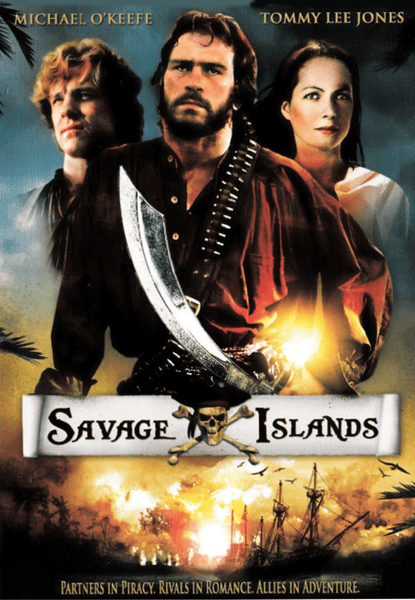 Movie poster for Savage Islands DVD (1983), also known as Nate and Hayes, featuring three characters—including a pirate with a sword at the forefront—along with ships and dramatic explosions. The title features a skull, and actor names Michael O’Keefe and Tommy Lee Jones are displayed at the top. This thrilling pirate adventure is perfect for fans of classic movies on DVD.