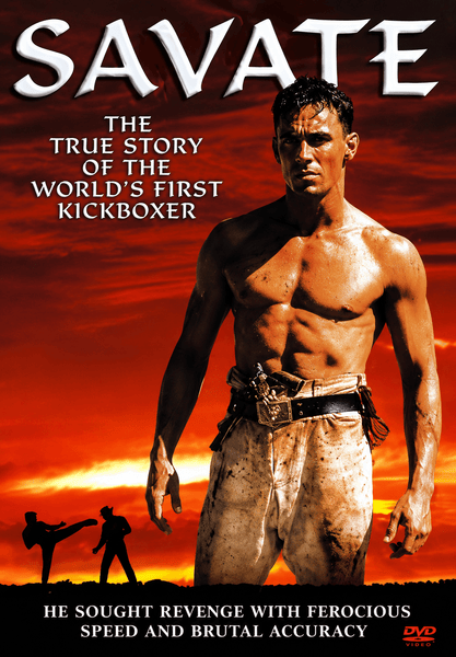 A muscular man stands shirtless with gloves and a rope belt against a red sunset. The text reads SAVATE: The True Story of the World’s First Kickboxer, and he sought revenge with ferocious speed and brutal accuracy. This intense action drama, now available as Savate DVD (1995), can be found in our collection of rare movies on DVD—don’t miss your chance to own this true classic!.