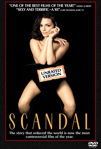 A woman sits nude with her arms and legs posed to cover herself, a banner reading UNRATED VERSION draped over her lap. The DVD cover features the title “SCANDAL” along with review quotes and a dramatic tagline at the bottom—making this Scandal DVD (1989) a must-have for collectors of hard-to-find movies and fans looking for rare titles on DVD, such as those interested in films about the infamous Profumo affair.