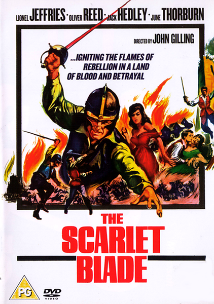Movie poster for The Scarlett Blade DVD (1963), also known as The Crimson Blade, features a soldier brandishing a sword, fighters amidst flames in the background, and a woman clad in a red dress. Cast names—including Oliver Reed—are prominently displayed alongside the tagline: “Igniting the flames of rebellion in a land of blood and betrayal.” A must-have for fans of classic movies on DVD.