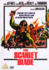 The movie poster for The Scarlett Blade DVD (1963) features a helmeted soldier reaching toward the viewer, set amid flames, battling figures, and a woman in a red dress. Starring Oliver Reed, the film's title and cast are prominently displayed on this rare classic edition.