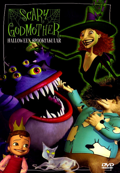 Animated cover art for Scary Godmother Halloween Spooktakular (2003) DVD, a rare Halloween special featuring a green-skinned witch, a purple monster, a little girl, a white cat, and a werewolf in a whimsical Halloween scene.