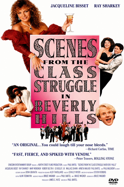 Movie poster for Scenes From A Class Struggle In Beverly Hills DVD (1989) showcases cast members, including Jacqueline Bisset, in playful poses against a white background, accented by bold black and pink title text and enthusiastic critical acclaim quotes—a must-have for collectors seeking rare movies on DVD or fans looking for the Scenes From A Class Struggle In Beverly Hills DVD (1989).