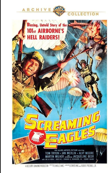 Movie poster for Screaming Eagles (1956) DVD, a WWII film with action-packed scenes of 101st Airborne paratroopers. Bold red and yellow lettering highlights the title—classic war cinema now on DVD.