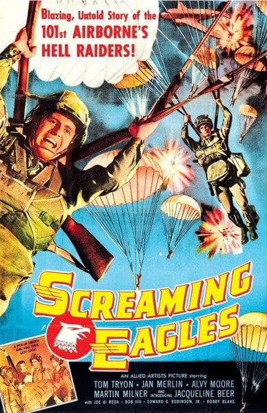 The Screaming Eagles (1956) DVD features a vintage WWII movie poster with bold red and yellow text, dramatic action poses of soldiers parachuting, and the tagline: "Blazing, Untold Story of the 101st Airborne’s Hell Raiders!.