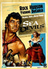 A vintage poster for Sea Devils (1953) DVD shows a muscular man and a woman in red, with bold yellow and white text listing Rock Hudson and Yvonne De Carlo—ideal for collectors and classic movie fans seeking rare finds.