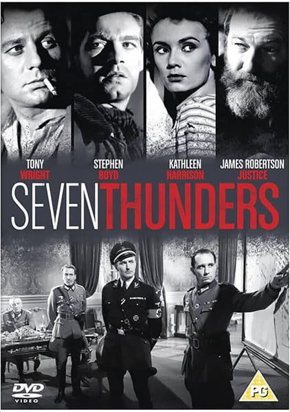 Black-and-white movie poster for Seven Thunders (1957) DVD—a gripping WW2 film—features portraits of Tony Wright, Stephen Boyd, Kathleen Harrison, and James Robertson Justice above a dramatic WWII soldiers scene.