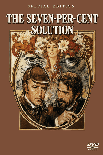 DVD cover for The Seven Per Cent Solution DVD (1976), a classic Sherlock Holmes film, featuring illustrated faces of two men—one with a pipe and hat, another bearded—with a woman's face and flowers above, and large blue eyes in the background. Experience this rare cinematic gem brought to life on DVD.