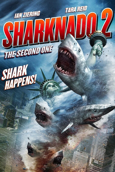 The Sharknado 2: The Second One (2014) DVD features a movie poster with flying sharks attacking New York City, the Statue of Liberty’s head, stormy skies, bold text like "Shark happens!", and names of the starring actors.