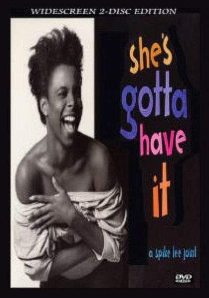 A black-and-white image of a woman laughing appears beside vibrant text that says “She’s Gotta Have It.” The rare DVD cover for She’s Gotta Have It (1986) 2 Discs features the tagline “a Spike Lee joint” and highlights the WIDESCREEN 2-DISC EDITION, commemorating Spike Lee’s debut film.
