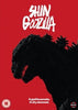 The Shin Godzilla (2016) DVD features a striking silhouette of Godzilla on red, bold white “Shin Godzilla” text at the top, and the tagline “A god incarnate. A city doomed.” Age 12 rating and production logos included—a must-have for collectors.