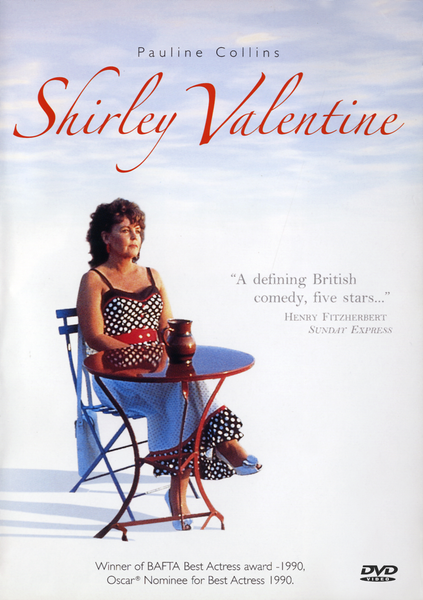 On the cover of the Shirley Valentine DVD (1989), a woman in a polka dot dress sits alone at a small seaside table, capturing the yearning of a Liverpool housewife; review quotes and award mentions highlight this cherished gem as one of cinema’s rare treasures.