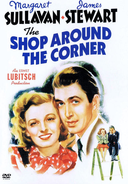 Movie poster for The Shop Around the Corner DVD (1940) featuring illustrated portraits of a smiling woman and man, their names above, and a smaller image of them talking beside a Christmas tree below—the perfect imagery for this classic romantic comedy starring James Stewart.